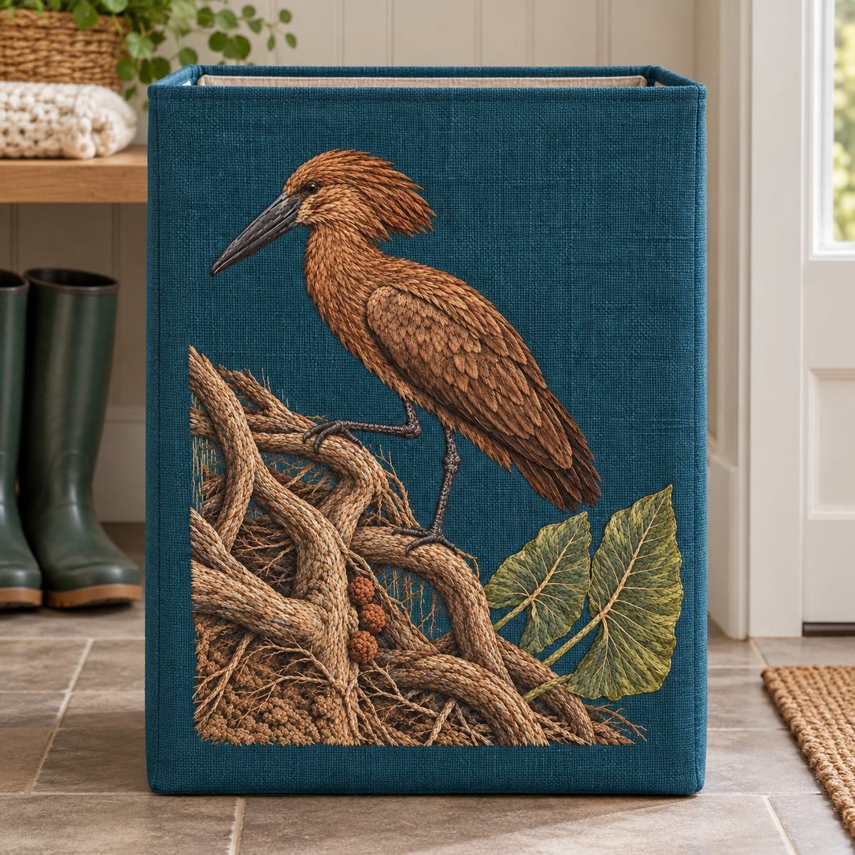 Hamerkop embroidery design in a digital mockup of Petrol linen front inset of a tall square-sided storage hamper, photographed straight-on in a mudroom, top handles away from the design. Placement inspiration for Study 72.
