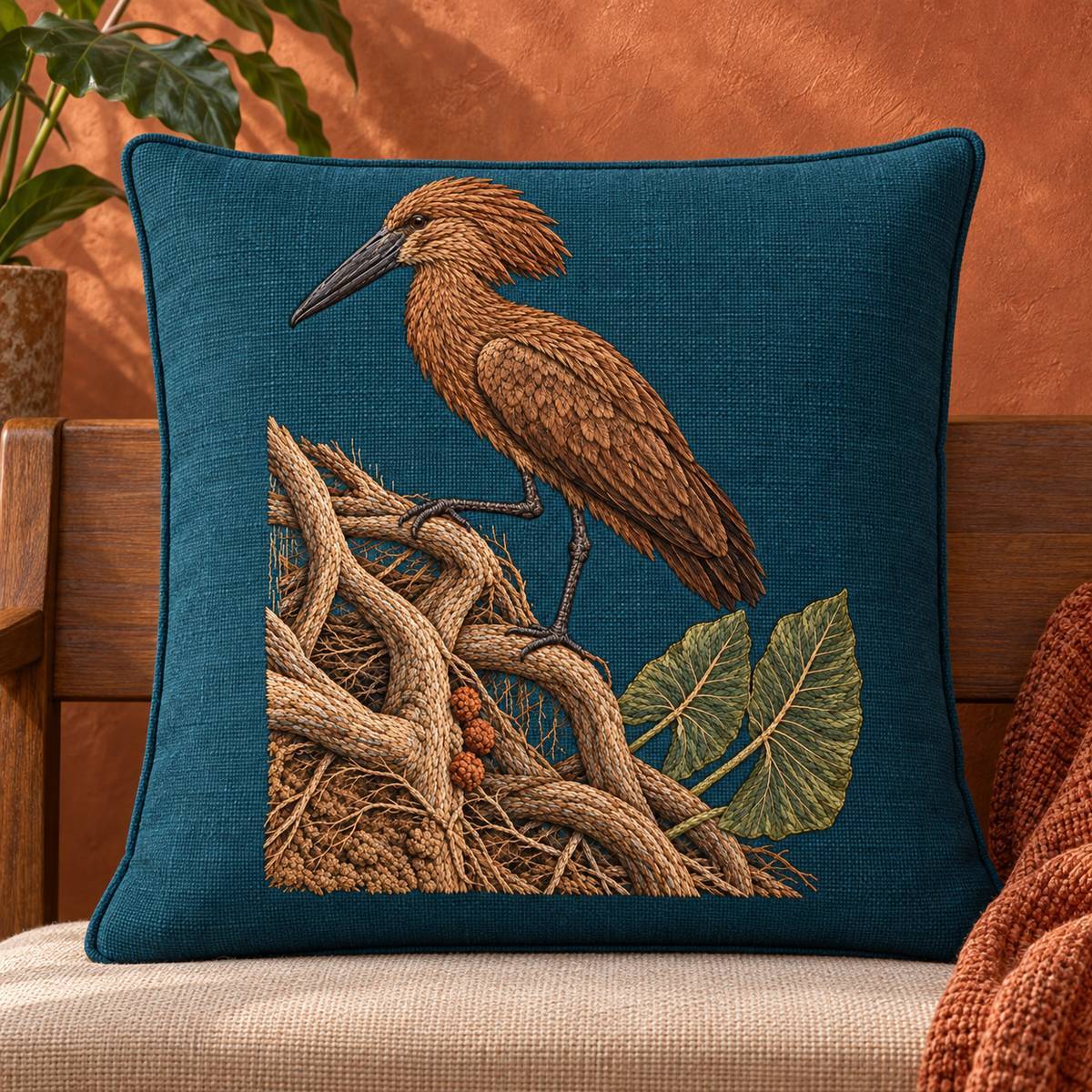 Hamerkop embroidery design in a digital mockup of Flat petrol embroidered panel on the backrest of a wide straight-backed bench, entire tall motif visible, copper-toned plaster wall. Placement inspiration for Study 72.