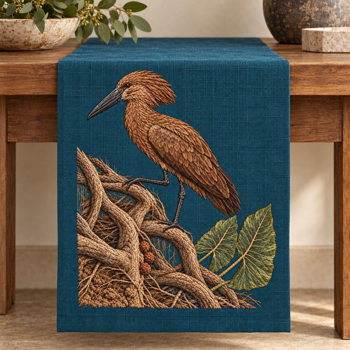 Hamerkop embroidery design in a digital mockup of Petrol linen table-runner end hanging straight down the front of a broad console, entire tall motif contained in hanging section, branches remain upright. Placement inspiration for Study 72.