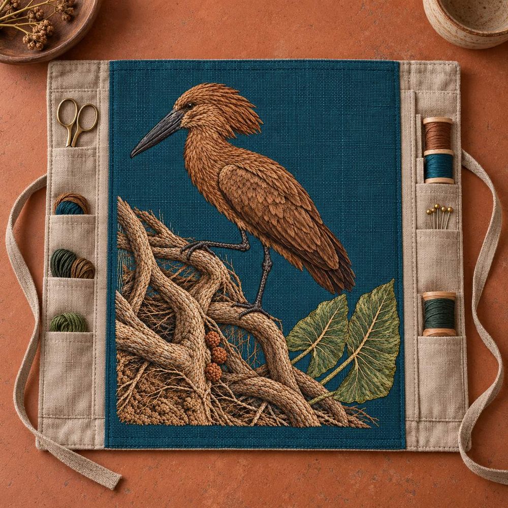 Hamerkop embroidery design in a digital mockup of Large rectangular sewing roll fully opened flat on a clay-coloured worktable, petrol central embroidered panel unobstructed, tie cords pushed beyond panel edges; overhead view. Placement inspiration for Study 72.
