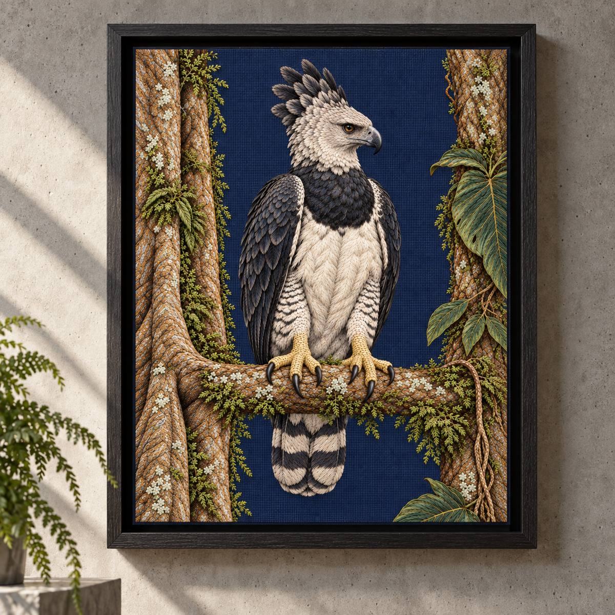 Harpy Eagle embroidery design shown in a digital mockup of Monumental upright ink-blue embroidered panel in a black oak shadow-box frame, on a concrete gallery wall with a low fern far below. Study 73.