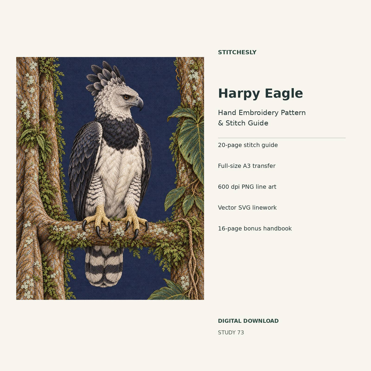 Harpy Eagle hand embroidery digital package cover showing the reference artwork and included guide, transfer, PNG, SVG and bonus handbook.
