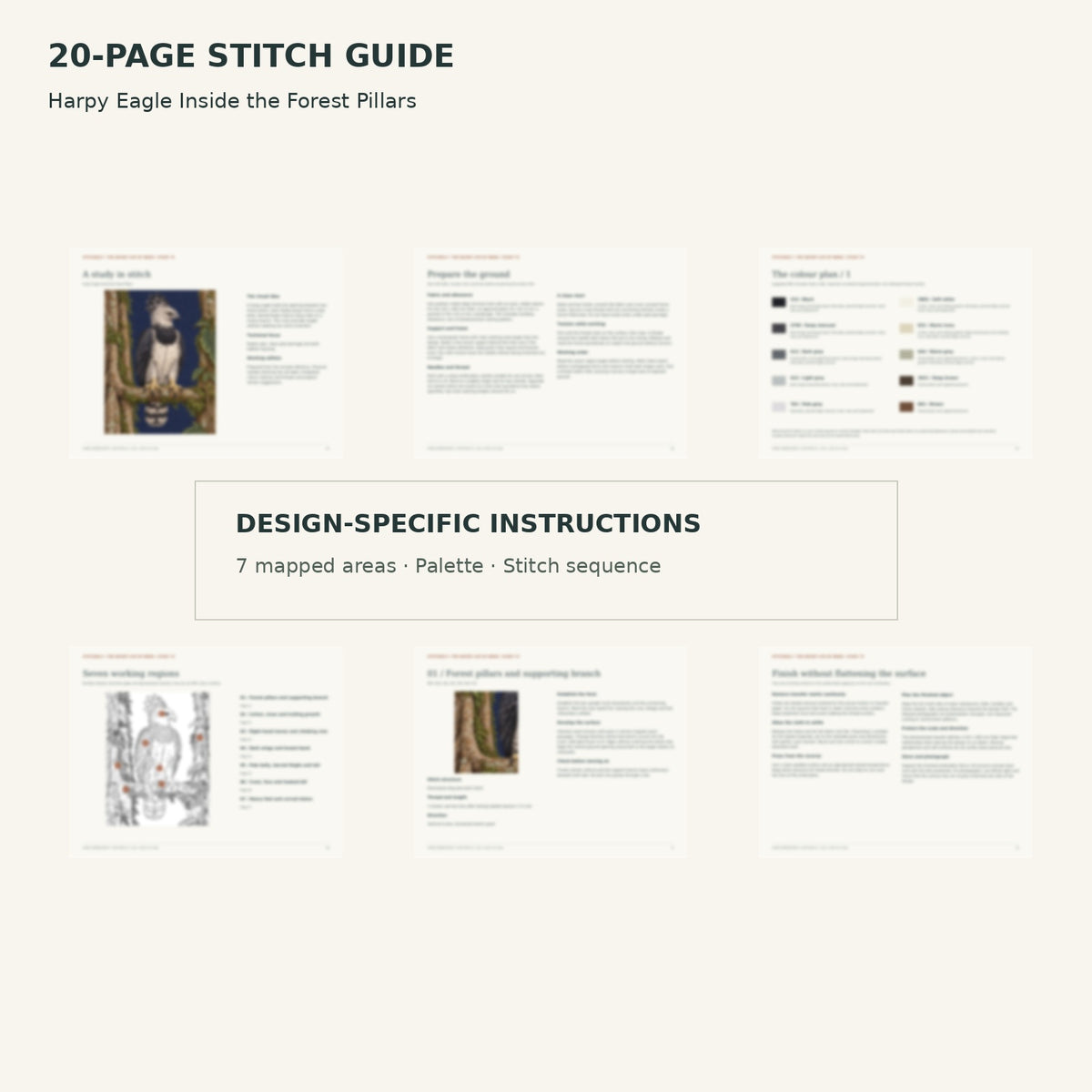 Protected page overview of the 20-page Harpy Eagle stitch guide, including its numbered map, suggested palette and working sequence.