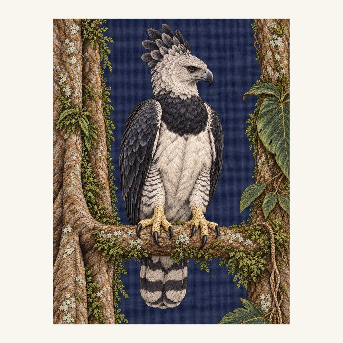 Digital embroidery reference showing a harpy eagle between forest trunks on deep ink-blue linen, portrait composition.