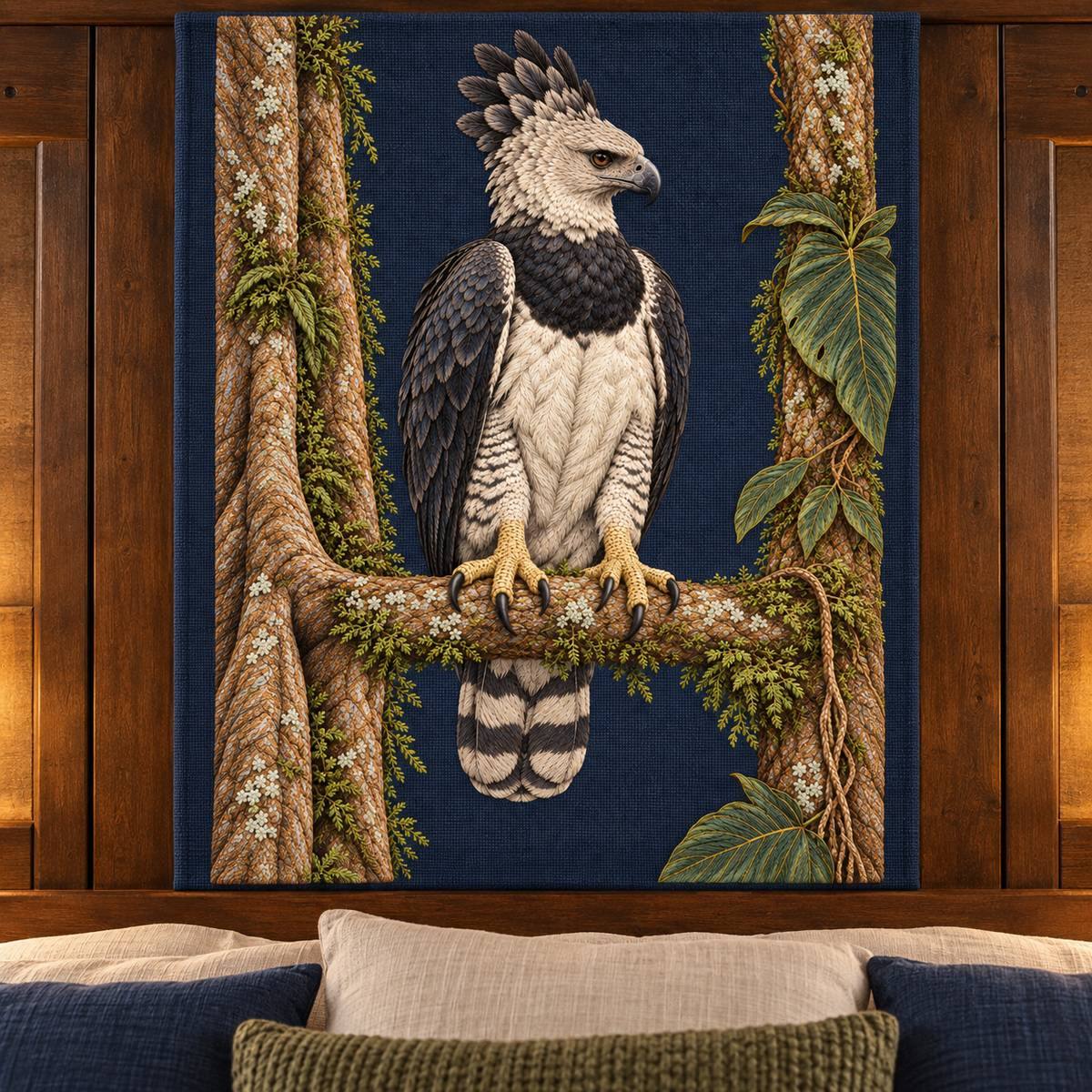 Harpy Eagle embroidery design in a digital mockup of Ink-blue tapestry mounted on an unbroken wide vertical panel of a forest lodge headboard; frontal view with bed edge below motif only. Placement inspiration for Study 73.