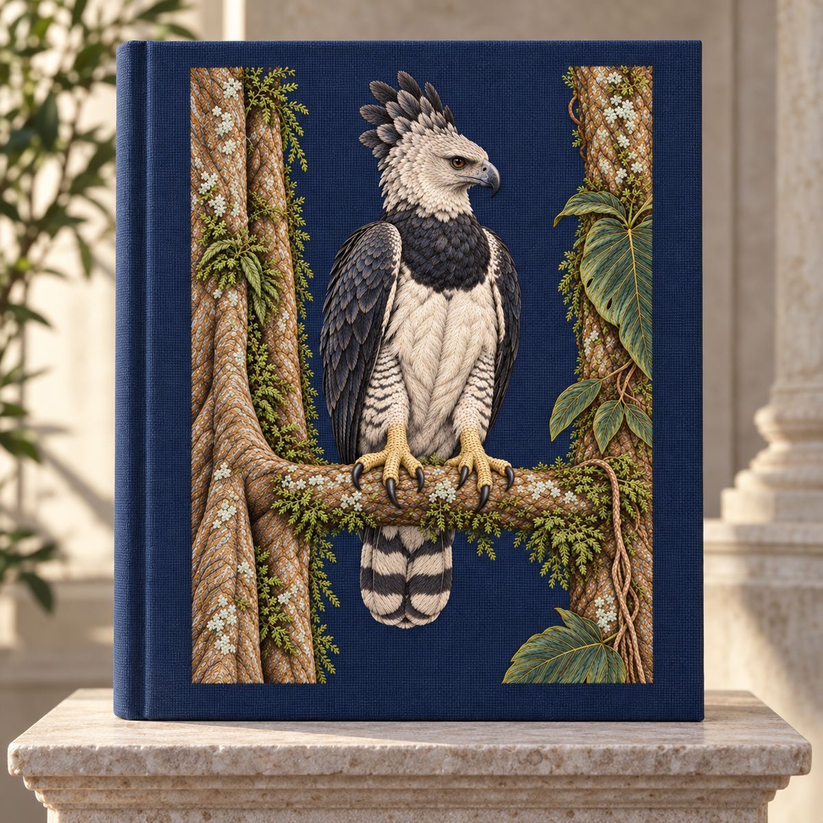 Harpy Eagle embroidery design in a digital mockup of Large ink-blue linen exhibition binder with a broad flat embroidered cover, upright on a pale stone lectern, no lettering. Placement inspiration for Study 73.