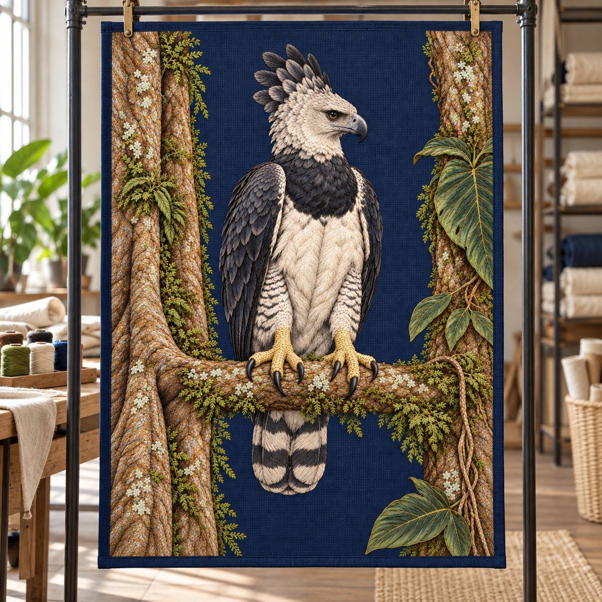 Harpy Eagle embroidery design in a digital mockup of Ink-blue embroidered banner suspended on a metal conservation rack in a textile atelier, complete eagle and tree pillars shown flat. Placement inspiration for Study 73.
