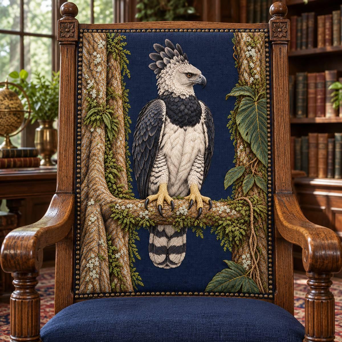 Harpy Eagle embroidery design in a digital mockup of Wide straight-backed oak chair with a large upright ink-blue embroidered back panel, front-on in a forest library; all eagle feet visible. Placement inspiration for Study 73.