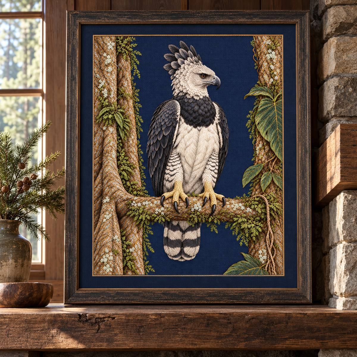 Harpy Eagle embroidery design in a digital mockup of Deep ink-blue framed textile on a mantel in a dark forest cabin, no objects in front of eagle, daylight from side window. Placement inspiration for Study 73.