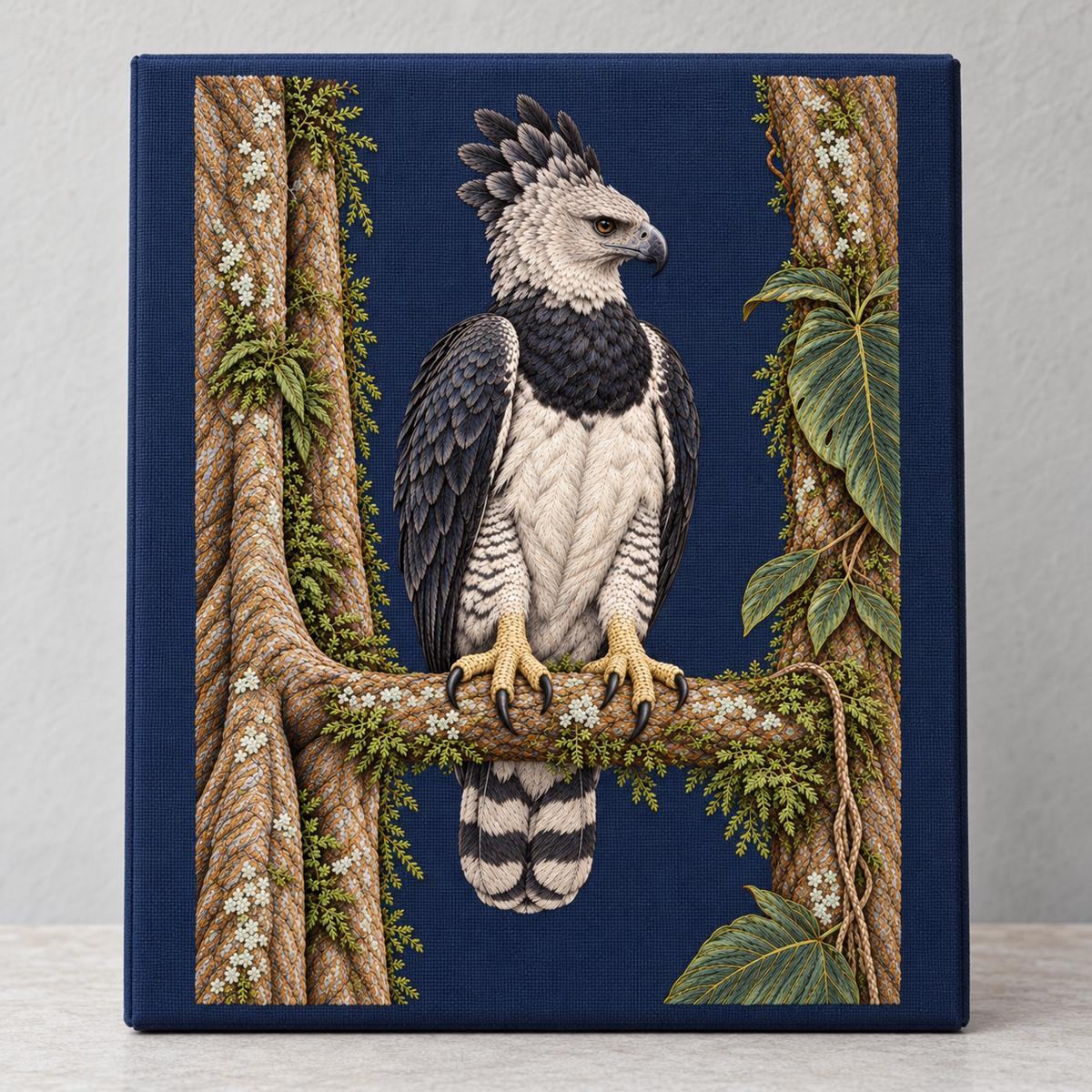 Harpy Eagle embroidery design in a digital mockup of A large rigid ink-blue linen artist's case standing vertically against a light grey studio wall, full design on uninterrupted face, handles behind. Placement inspiration for Study 73.