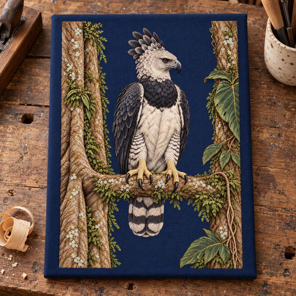Harpy Eagle embroidery design in a digital mockup of Ink-blue embroidered linen display board propped on a long woodworking bench, a curved wood shaving outside the art at one corner. Placement inspiration for Study 73.