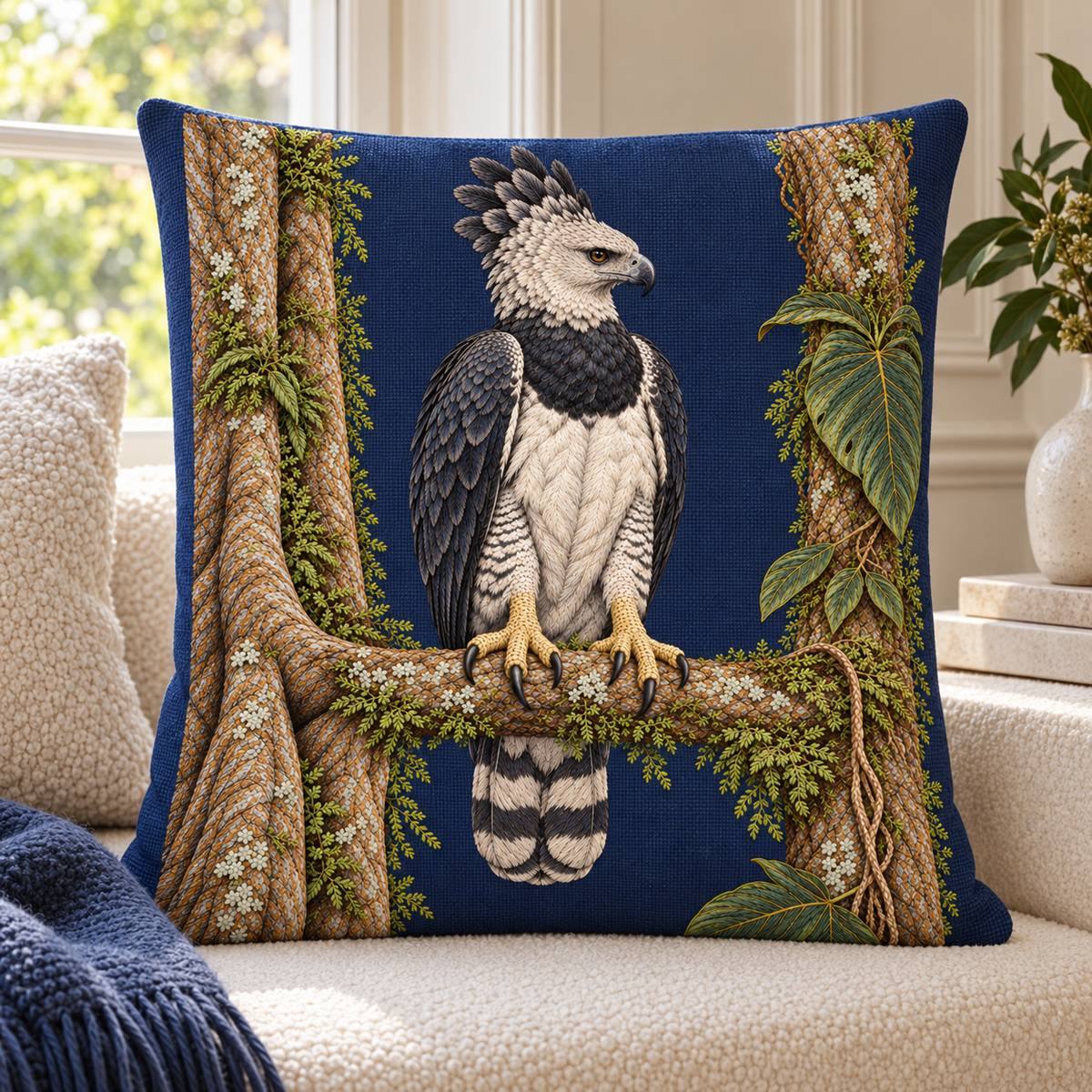 Harpy Eagle embroidery design in a digital mockup of Large ink-blue rectangular cushion standing straight on a pale bouclé window seat, flat face and generous margins around full eagle motif. Placement inspiration for Study 73.