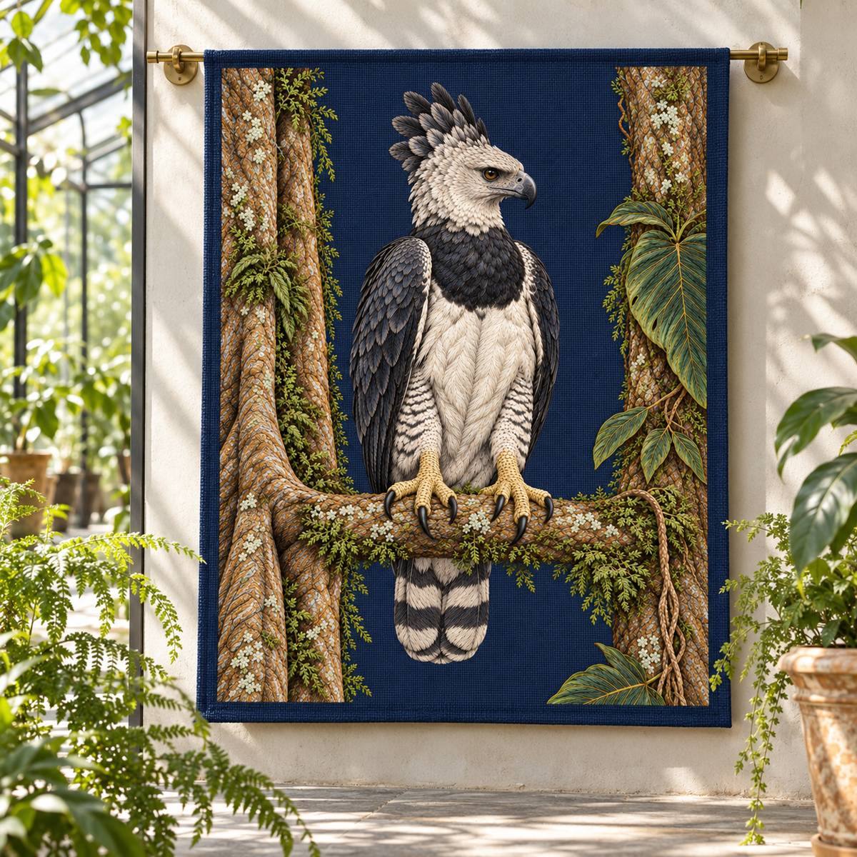 Harpy Eagle embroidery design in a digital mockup of Upright ink-blue embroidered wall textile on a slim brass rail inside an airy greenhouse corridor; subdued fern shadows on wall, not on motif. Placement inspiration for Study 73.