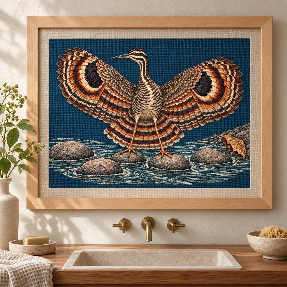 Sunbittern embroidery design shown in a digital mockup of Landscape embroidered linen panel in a wide maple frame above a minimalist washstand, all wing tips inside frame, soft reflected daylight. Study 74.