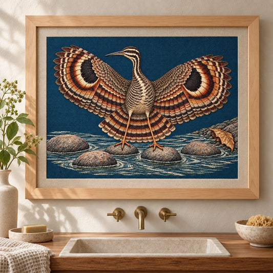 Sunbittern embroidery design shown in a digital mockup of Landscape embroidered linen panel in a wide maple frame above a minimalist washstand, all wing tips inside frame, soft reflected daylight. Study 74.
