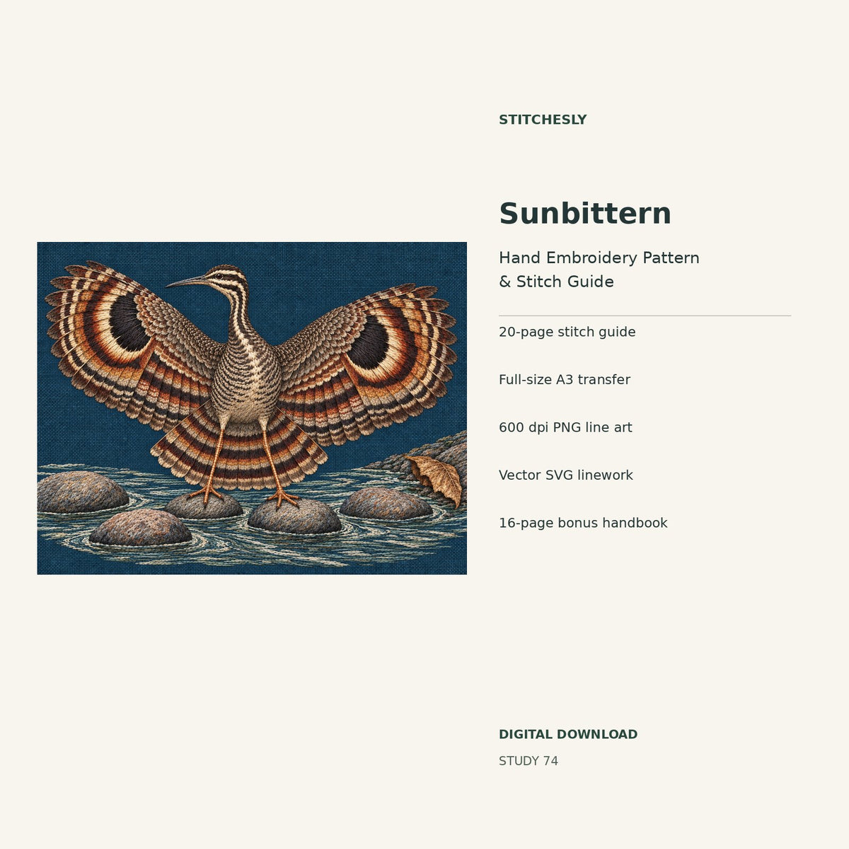 Sunbittern hand embroidery digital package cover showing the reference artwork and included guide, transfer, PNG, SVG and bonus handbook.