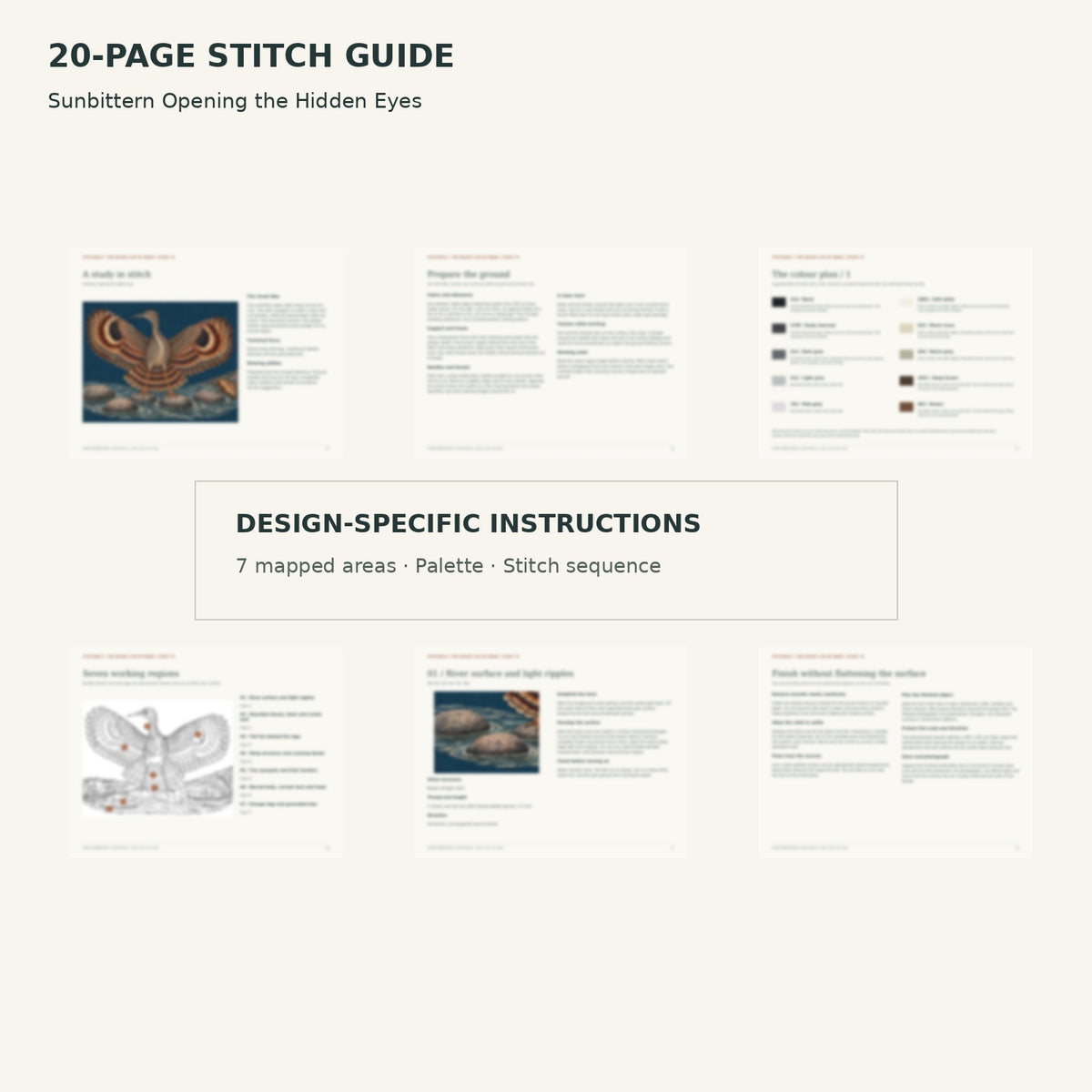 Protected page overview of the 20-page Sunbittern stitch guide, including its numbered map, suggested palette and working sequence.