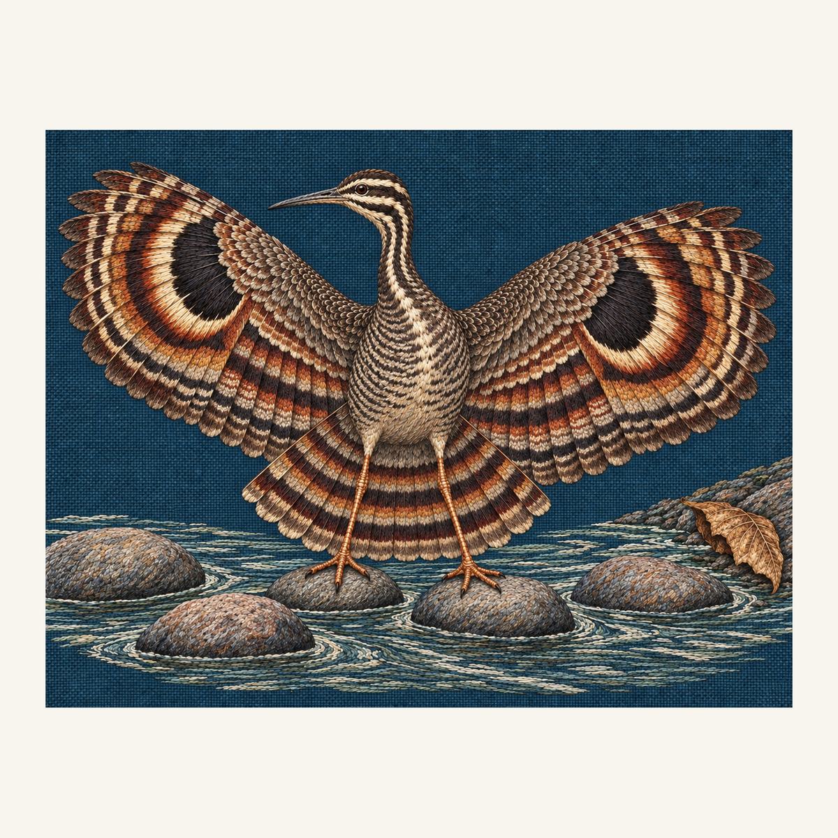 Digital embroidery reference showing a sunbittern displaying two wing eyespots on deep muted blue-green linen, landscape composition.