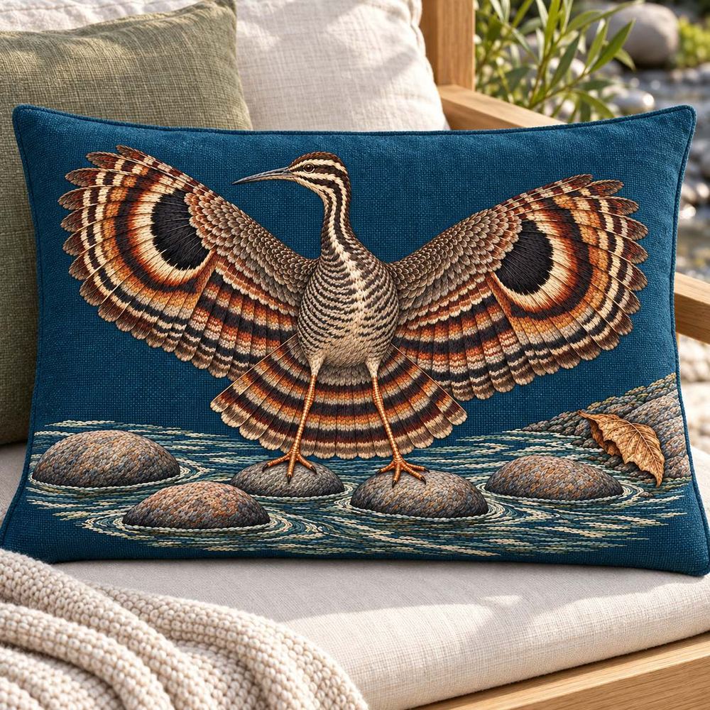 Sunbittern embroidery design in a digital mockup of Wide landscape blue-green embroidered cushion on a low pale oak daybed beside smooth river stones, entire wing spread visible flat. Placement inspiration for Study 74.