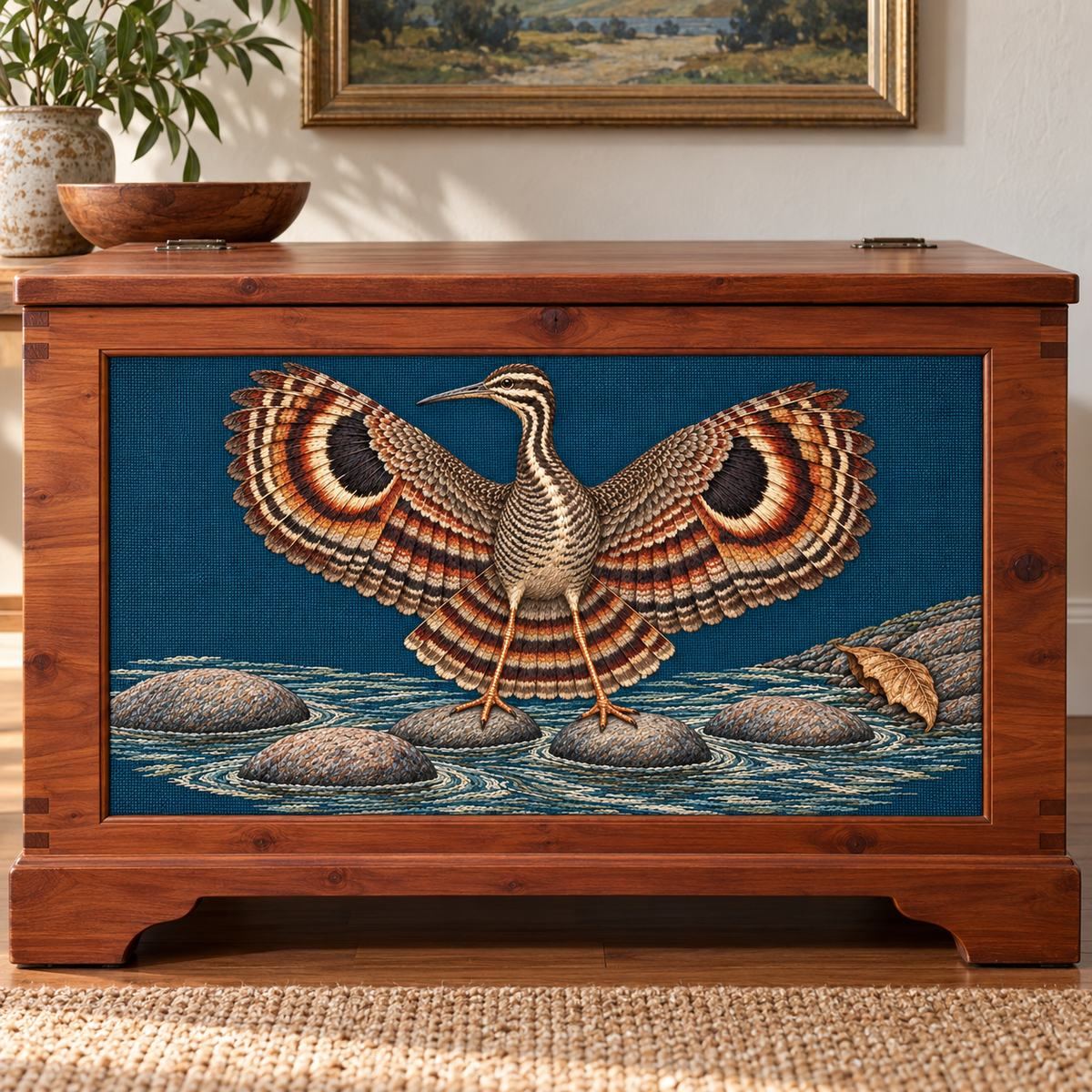 Sunbittern embroidery design in a digital mockup of Wide blue-green textile inset on the flat front of a low cedar chest, landscape bird spanning central face with hinges and feet outside panel. Placement inspiration for Study 74.