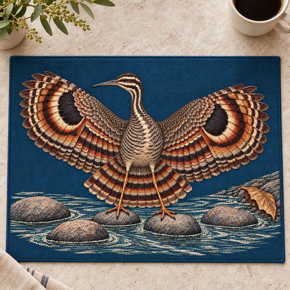 Sunbittern embroidery design in a digital mockup of Landscape blue-green embroidered placemat on a broad light stone table, photographed overhead with a plain cup well outside motif. Placement inspiration for Study 74.