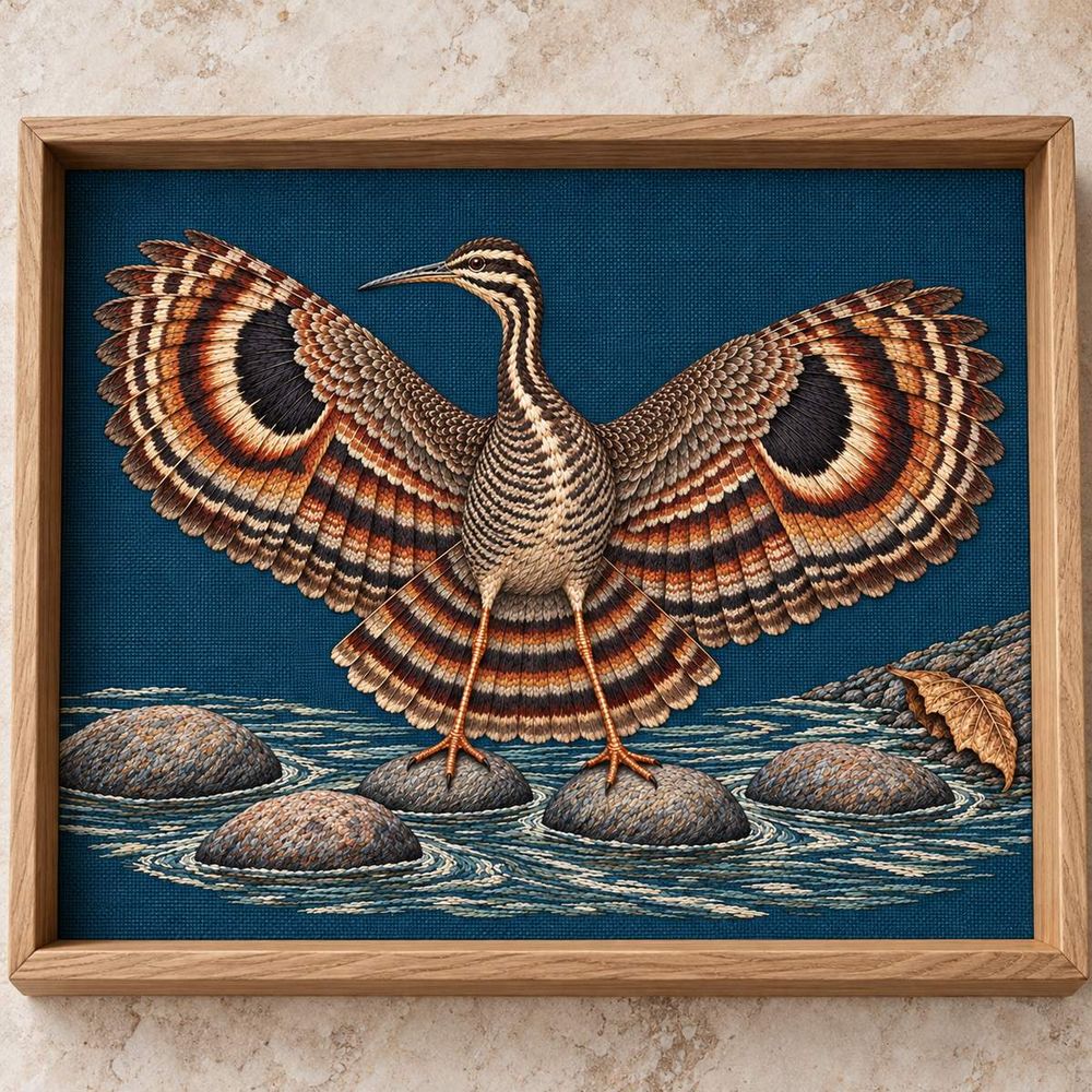 Sunbittern embroidery design in a digital mockup of Wide blue-green embroidered tray liner inside a shallow ash-wood display tray, overhead view, no objects placed over the textile. Placement inspiration for Study 74.