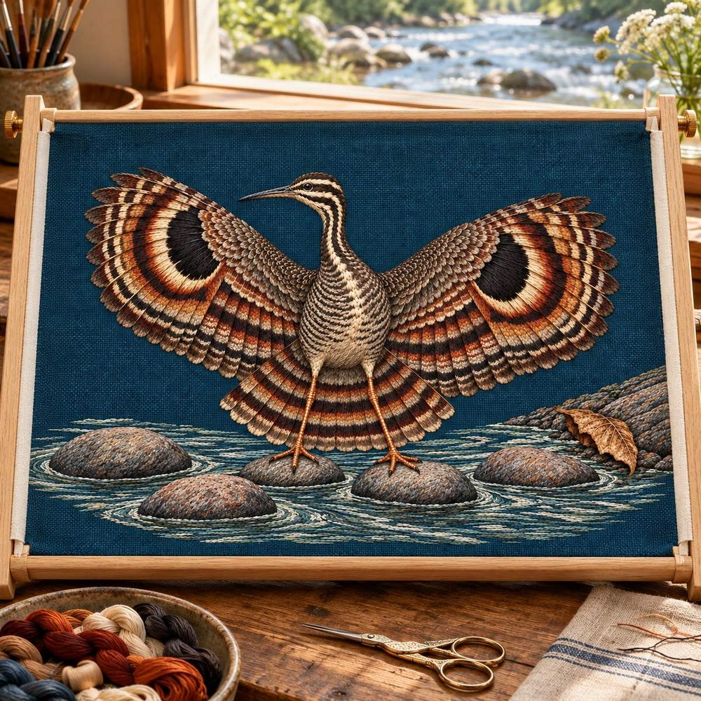 Sunbittern embroidery design in a digital mockup of Landscape textile panel in a wide open rectangular embroidery frame on a riverside artist's indoor workbench, wing tips unobstructed. Placement inspiration for Study 74.