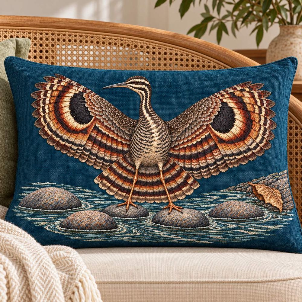 Sunbittern embroidery design in a digital mockup of Blue-green embroidered lumbar pillow centered on a curved cane sofa, photograph front-on, full wings and stones visible without folds. Placement inspiration for Study 74.
