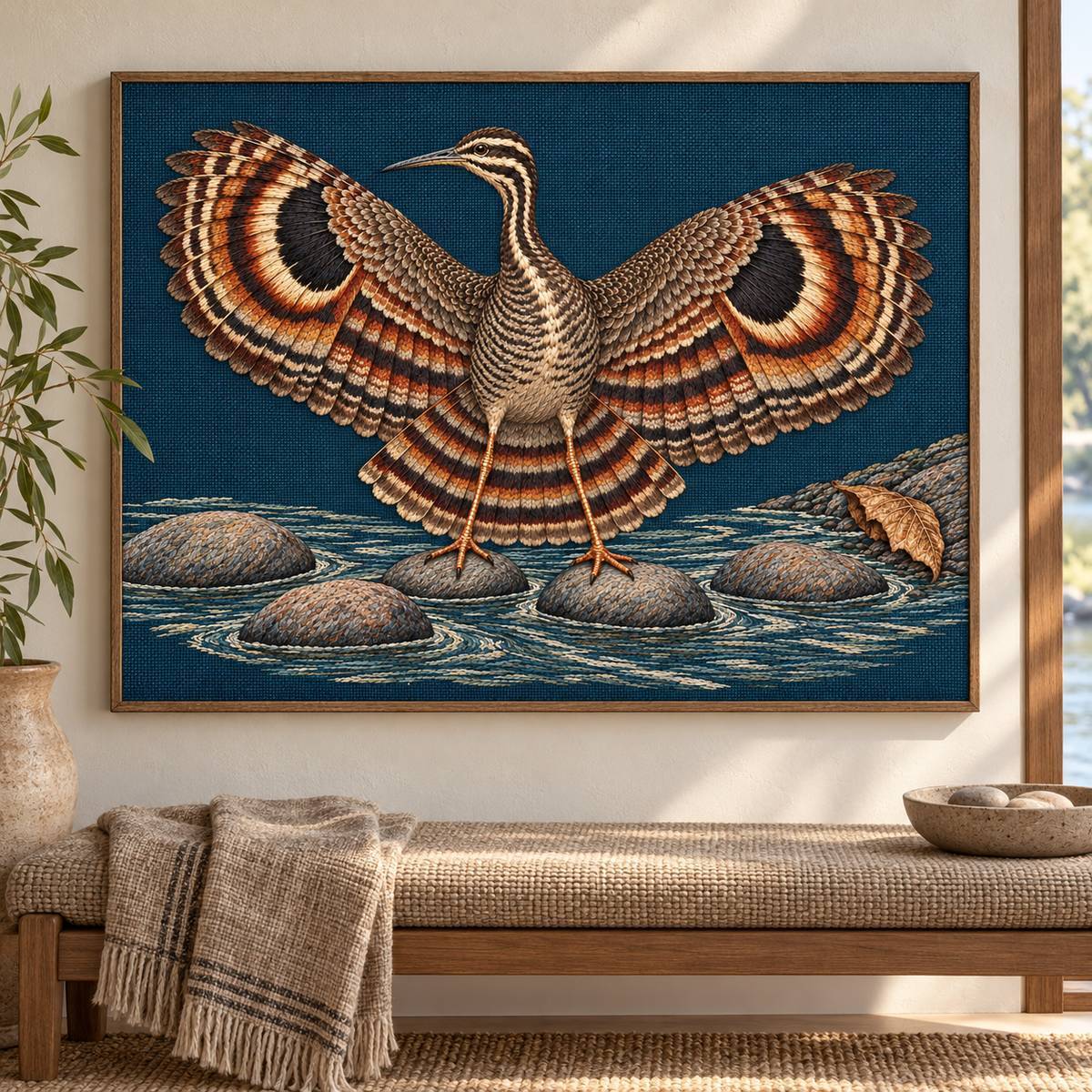 Sunbittern embroidery design in a digital mockup of Landscape embroidered linen panel mounted as a low horizontal wall hanging above a pebble-coloured bench, minimal river-house interior. Placement inspiration for Study 74.