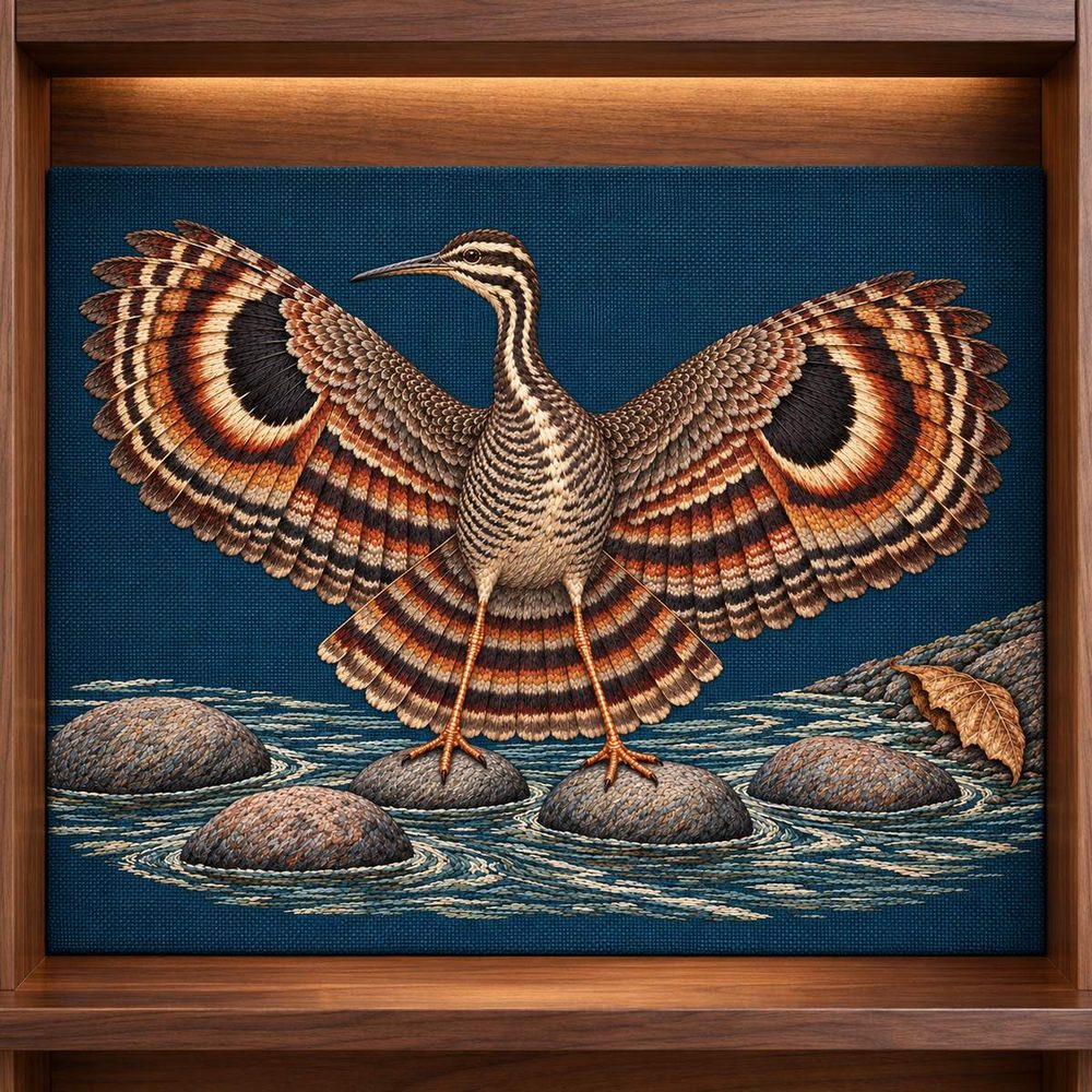Sunbittern embroidery design in a digital mockup of Wide landscape embroidered textile set into the back of an open shelf niche, empty niche so nothing hides the bird; warm walnut surround. Placement inspiration for Study 74.