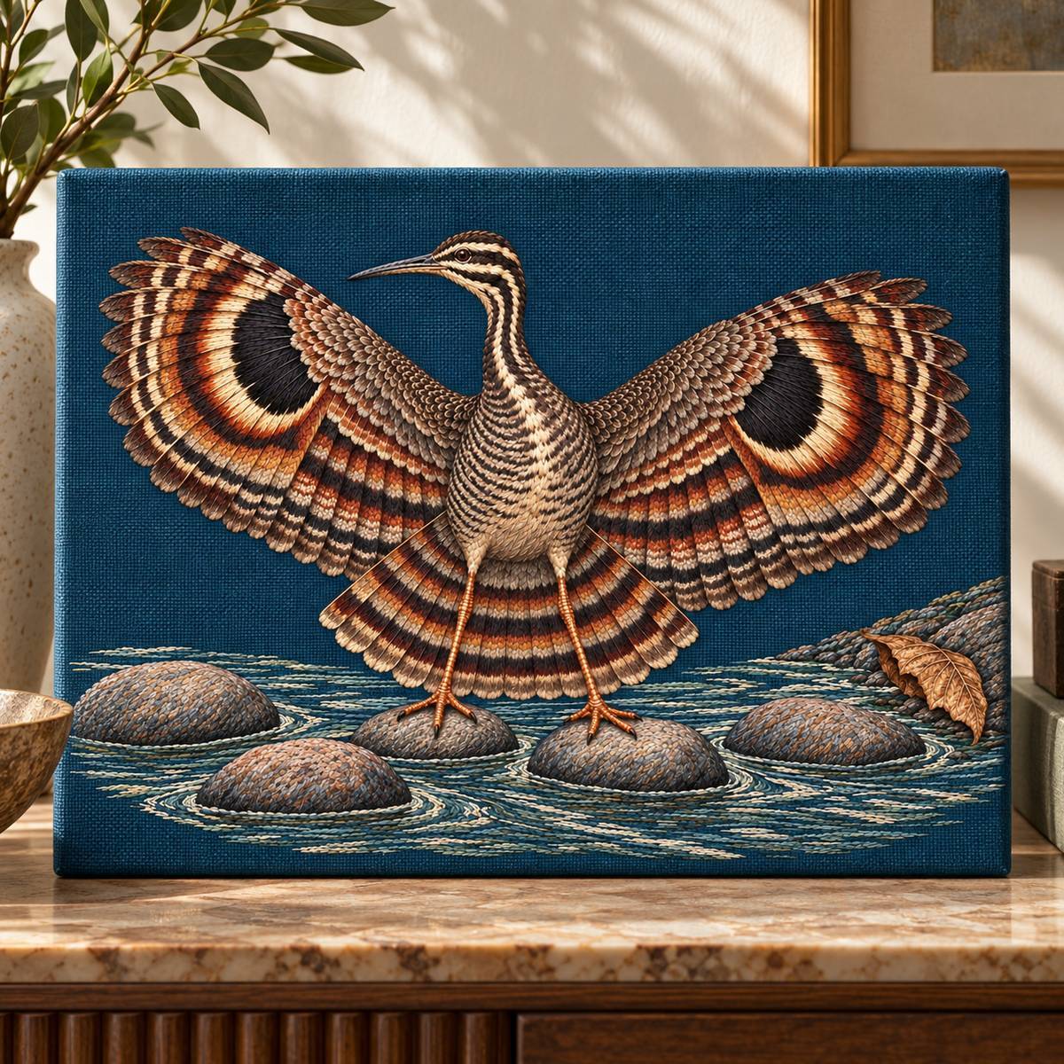 Sunbittern embroidery design in a digital mockup of Blue-green embroidered linen across the flat front face of a broad shallow archival presentation box, box upright on a console, no closure crossing design. Placement inspiration for Study 74.