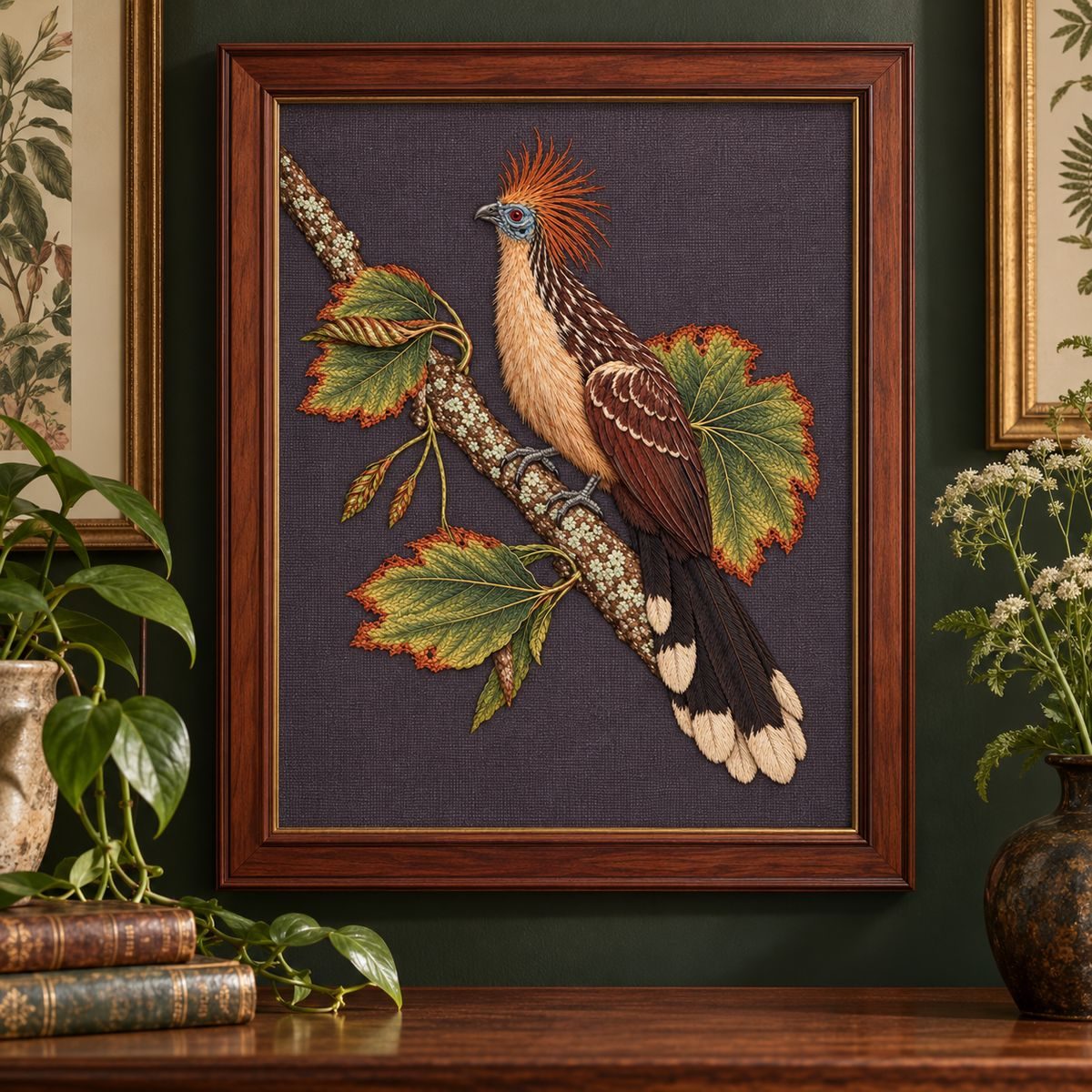Hoatzin embroidery design shown in a digital mockup of Aubergine-grey embroidered linen panel in a tall reddish walnut frame on a botanical salon wall, full upright crest and long tail visible. Study 75.