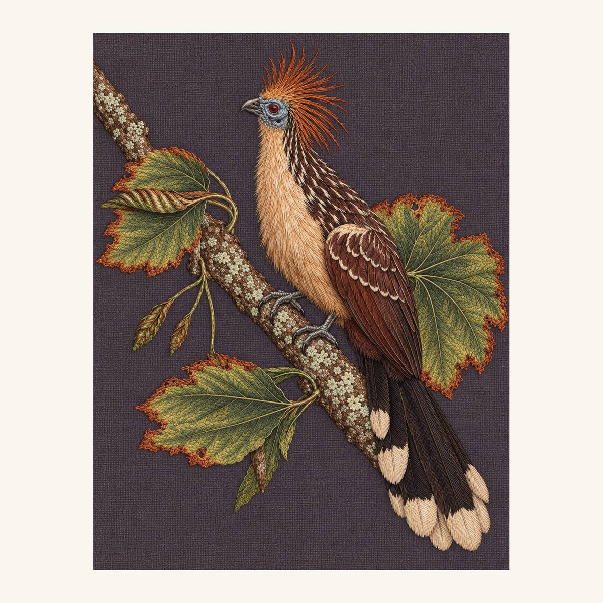 Digital embroidery reference showing a hoatzin among rust-edged leaves on muted aubergine-grey linen, portrait composition.
