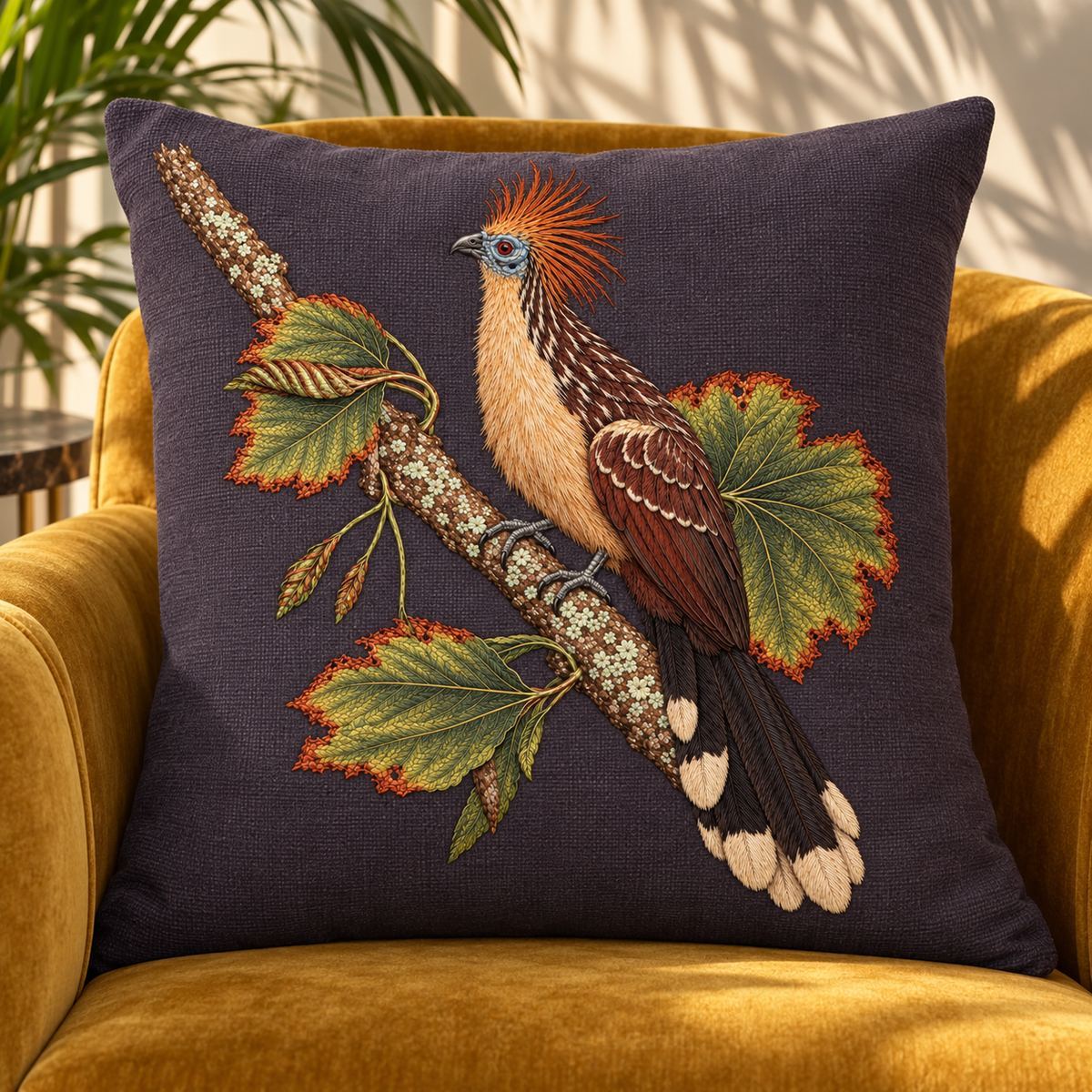 Hoatzin embroidery design in a digital mockup of Large upright aubergine-grey embroidered cushion on a mustard velvet armchair, front face flat, tropical leaf shadows confined to background. Placement inspiration for Study 75.