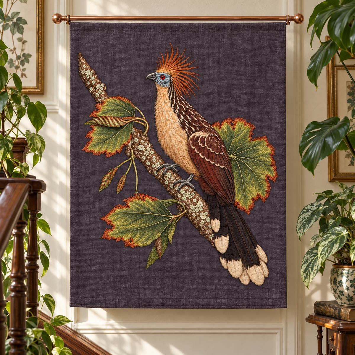 Hoatzin embroidery design in a digital mockup of Upright aubergine-grey textile banner hanging from a copper rod in a plant collector's stair landing, art uninterrupted. Placement inspiration for Study 75.