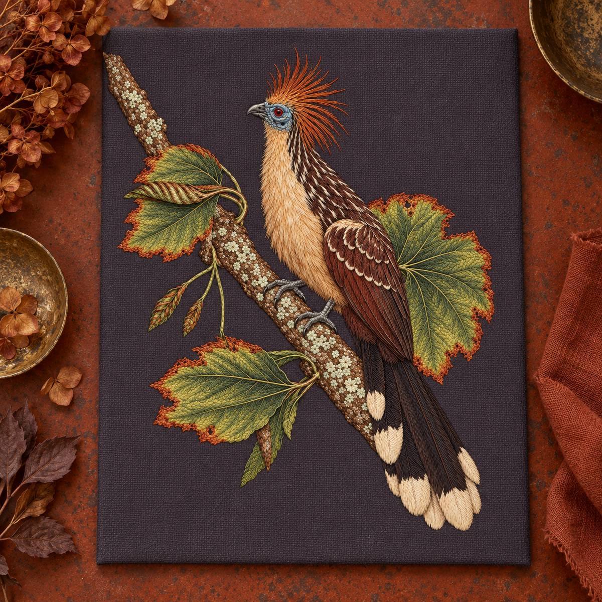 Hoatzin embroidery design in a digital mockup of Large aubergine-grey artist's portfolio lying open cover-up on a rust-coloured studio table, entire motif visible; overhead square photograph. Placement inspiration for Study 75.