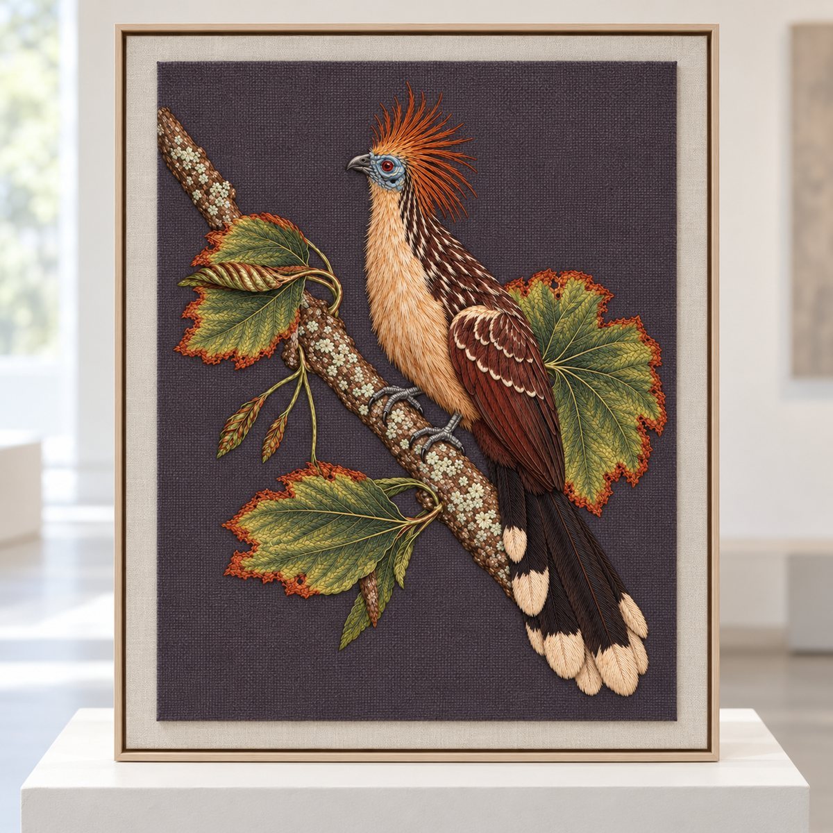 Hoatzin embroidery design in a digital mockup of Upright aubergine-grey embroidery displayed on a large conservation mount on a white plinth in a quiet design gallery. Placement inspiration for Study 75.
