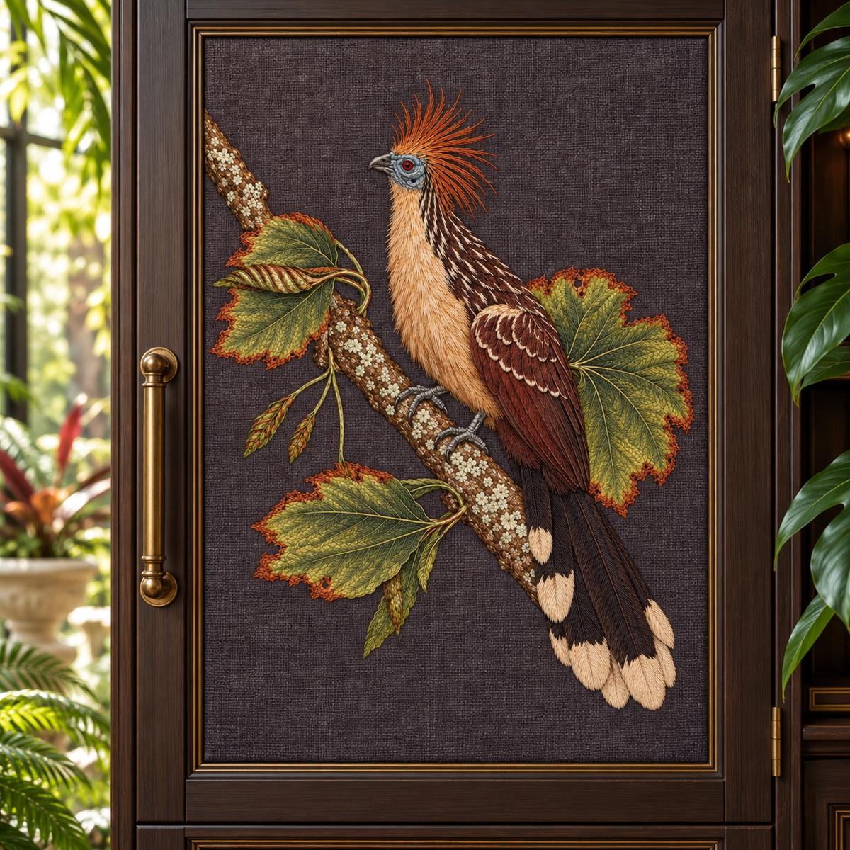 Hoatzin embroidery design in a digital mockup of Aubergine-grey linen inset on a tall cabinet door in a tropical winter garden, brass handle outside motif and foliage behind cabinet. Placement inspiration for Study 75.