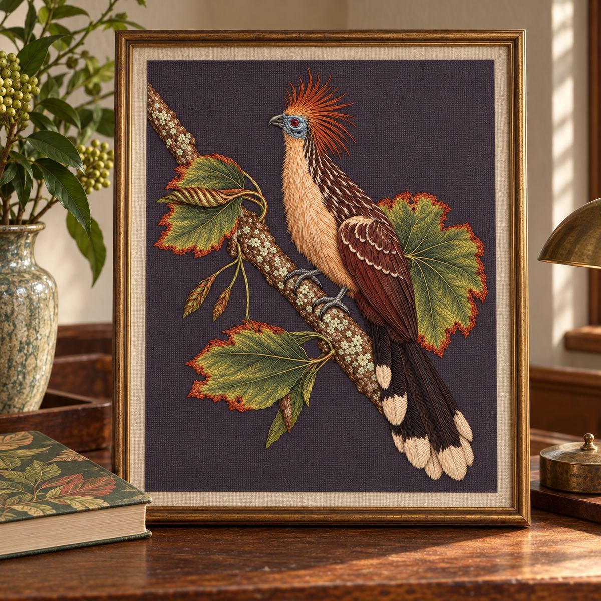 Hoatzin embroidery design in a digital mockup of Large upright framed hoatzin embroidery leaning on a writing desk beside a closed botanical volume with no readable text, no overlap. Placement inspiration for Study 75.