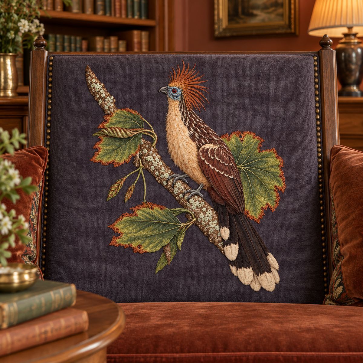 Hoatzin embroidery design in a digital mockup of Upright aubergine-grey embroidered back panel of a generous reading bench, photographed front-on in a warm terracotta library, tail fully above seat. Placement inspiration for Study 75.