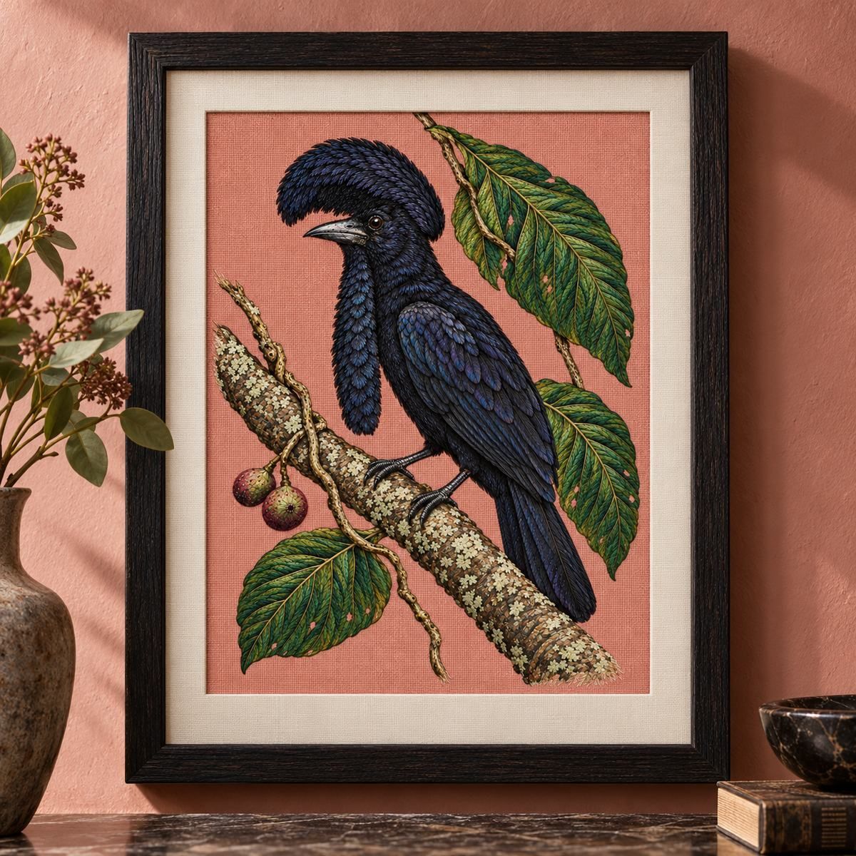 Umbrellabird embroidery design shown in a digital mockup of A tall narrow blackened-oak textile display case on a rose plaster collector's wall, front elevation, complete embroidery field visible within generous mat. Study 76.