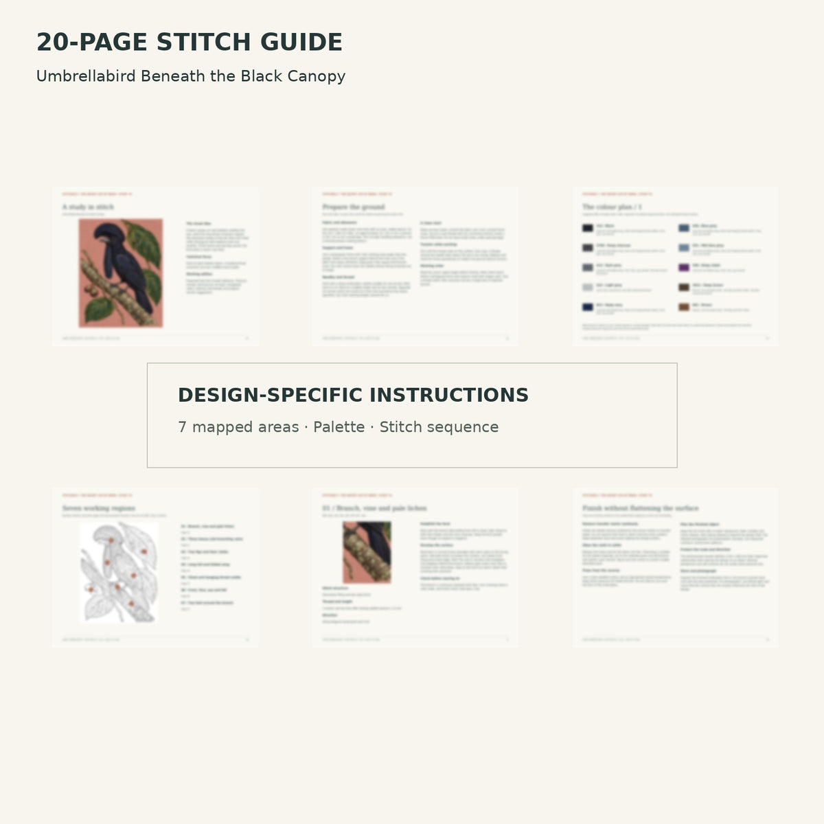 Protected page overview of the 20-page Umbrellabird stitch guide, including its numbered map, suggested palette and working sequence.