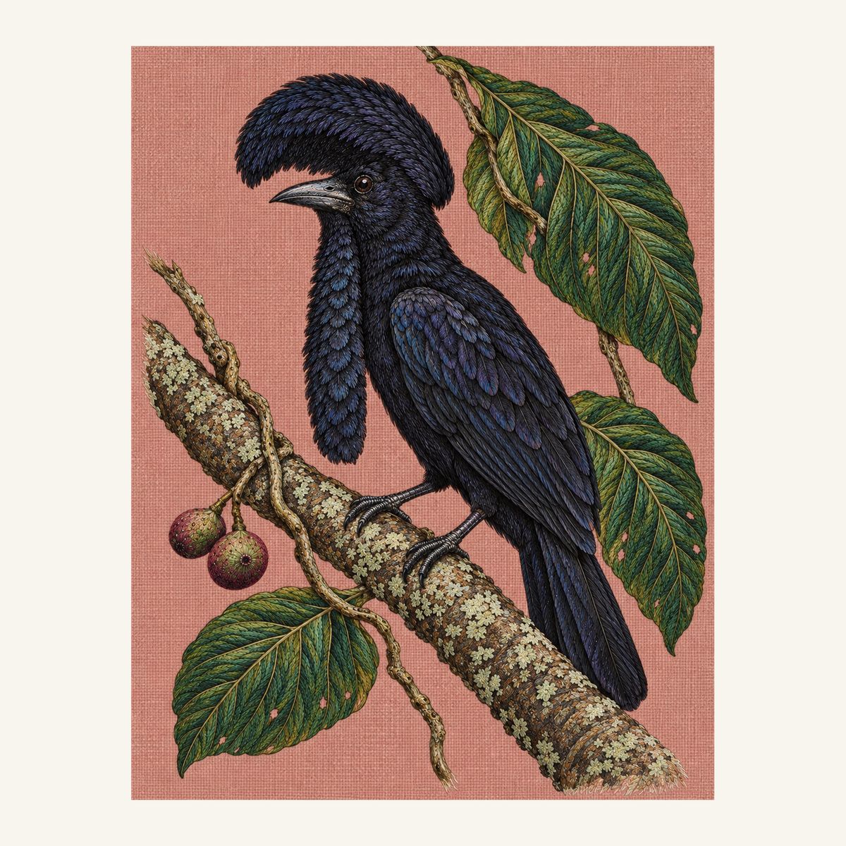 Digital embroidery reference showing an umbrellabird beside leaves and figs on dusty rose linen, portrait composition.