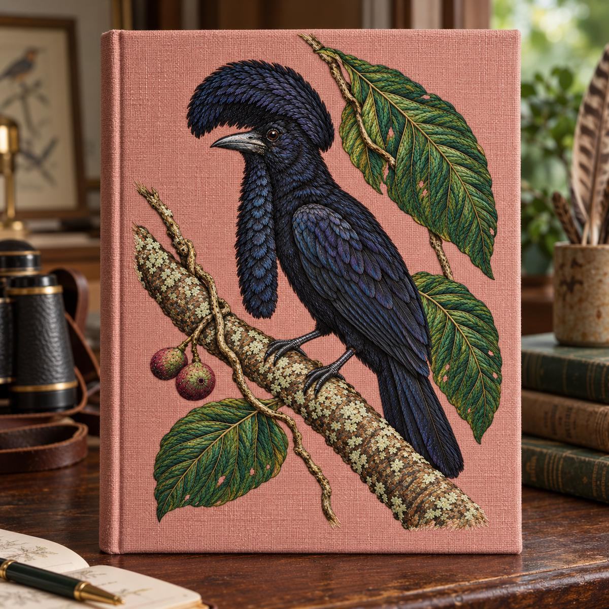 Umbrellabird embroidery design in a digital mockup of A dusty-rose linen folio cover, , closed and standing upright on a dark walnut birdwatcher's desk, entire motif on front, no lettering. Placement inspiration for Study 76.