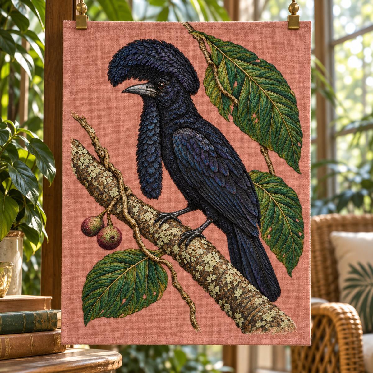 Umbrellabird embroidery design in a digital mockup of A rectangular rose textile panel suspended from two small brass wall clips inside a tropical conservatory reading alcove, subtle out-of-focus foliage far behind. Placement inspiration for Study 76.