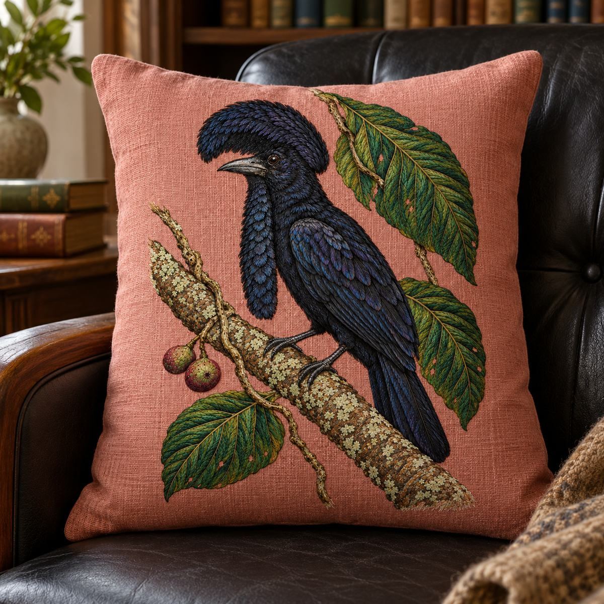 Umbrellabird embroidery design in a digital mockup of A rose linen cushion standing vertically in a low black leather library chair; whole motif upright and flat on its front. Placement inspiration for Study 76.