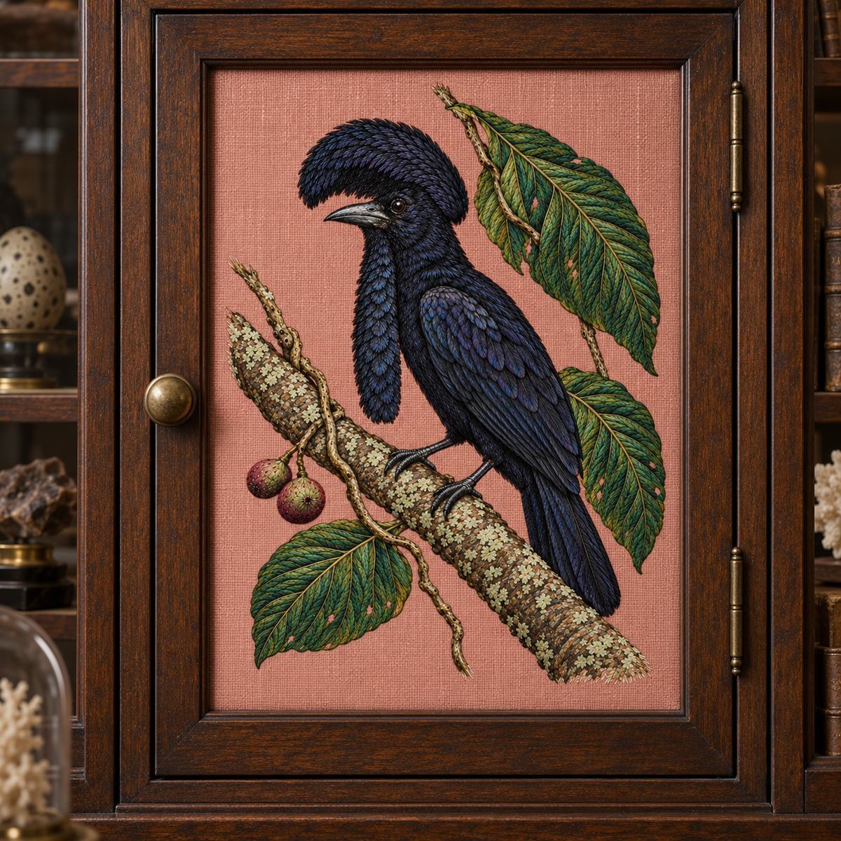 Umbrellabird embroidery design in a digital mockup of A rose linen removable cabinet-door textile insert in a dark wooden natural-history collector cabinet, frontal view of single closed door, generous border around motif. Placement inspiration for Study 76.