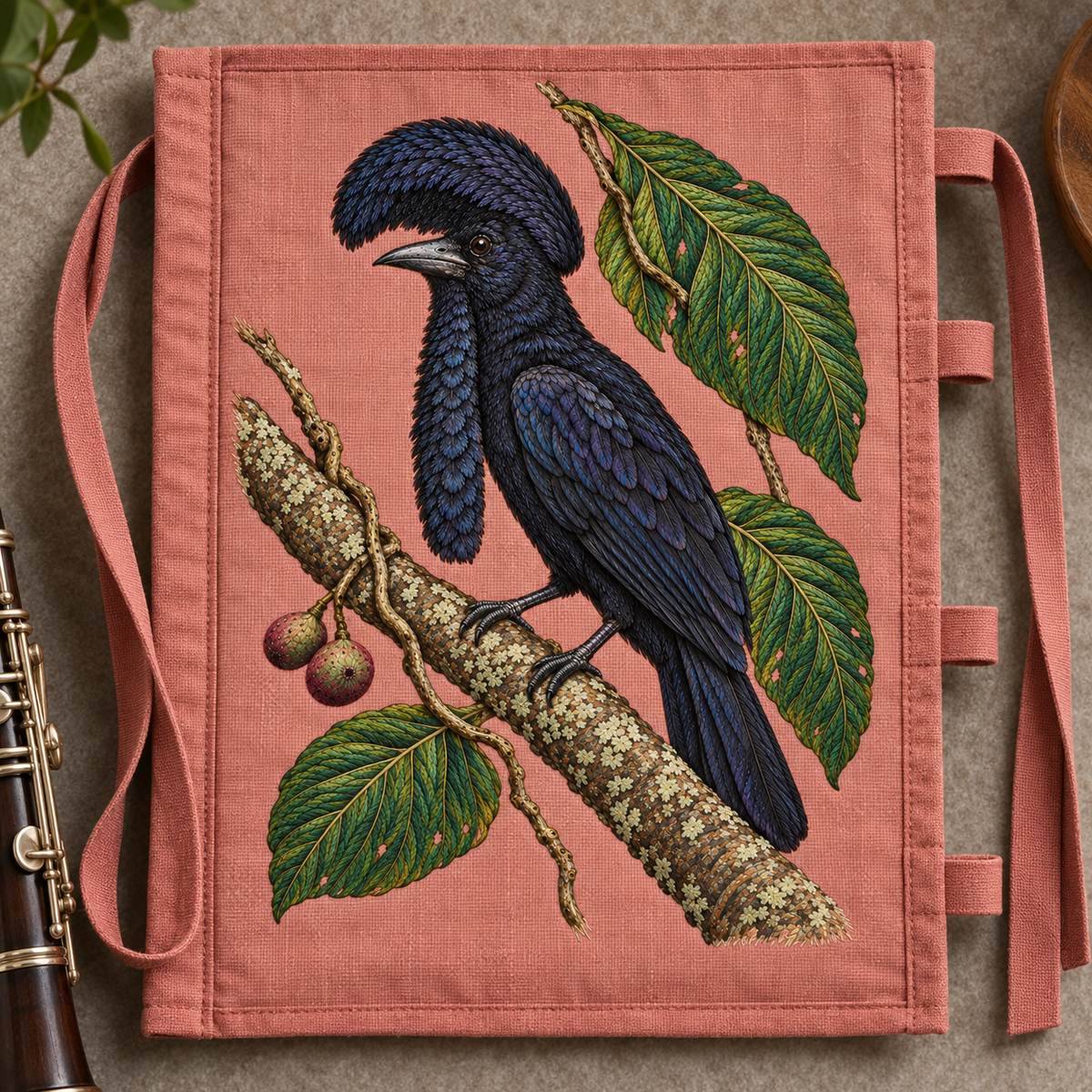 Umbrellabird embroidery design in a digital mockup of A rose linen roll-up instrument cover displayed fully open vertically on a studio felt wall, all straps outside the artwork, no folds through motif. Placement inspiration for Study 76.