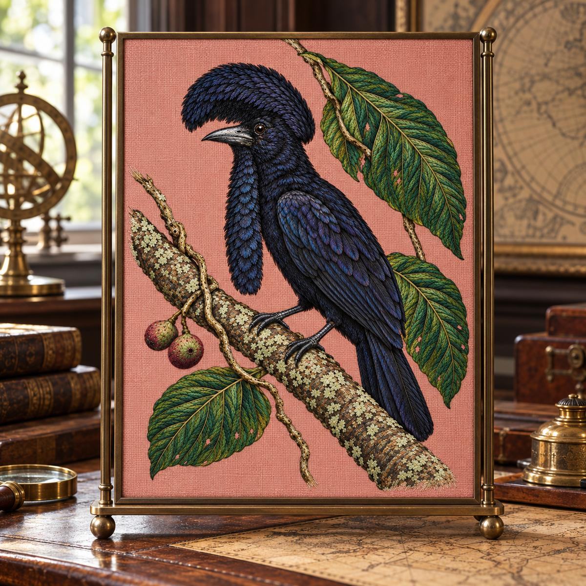 Umbrellabird embroidery design in a digital mockup of A rose linen screen panel in a slender bronze tabletop stand on an antique map-room desk, front face completely visible, no text. Placement inspiration for Study 76.