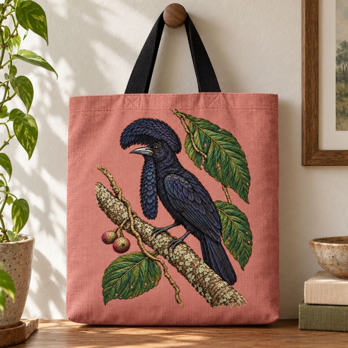 Umbrellabird embroidery design in a digital mockup of A rose linen tote with short black handles hanging straight from a single walnut wall peg; complete portrait motif centered at intended size. Placement inspiration for Study 76.
